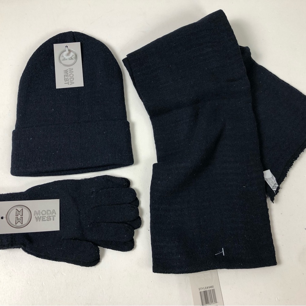 Knit Scarf Hat and Gloves Set Moda West Flexible Stretch NWT Navy Blue